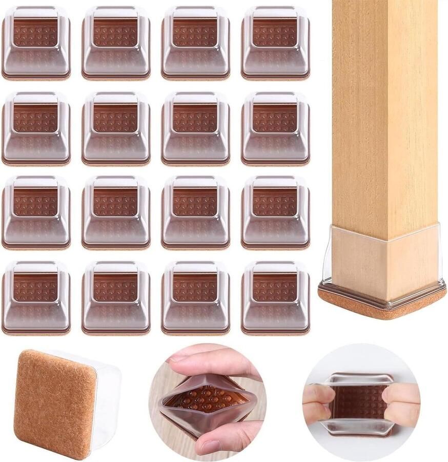 16 stuks kleine siliconen vloerbeschermers voor stoelpoten voorkom krassen en lawaai doorzichtige vierkante doppen met vilt Vloerbeschermer