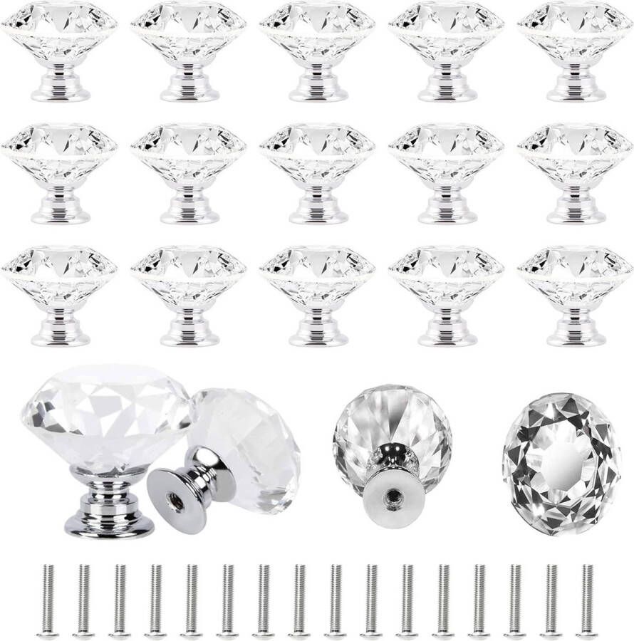 16 stuks kristallen deurgreep 30 mm diamantvormige ladeknoppen van glas handgrepen met schroeven voor kledingkast kast commode meubels (helder zilveren sokkel)