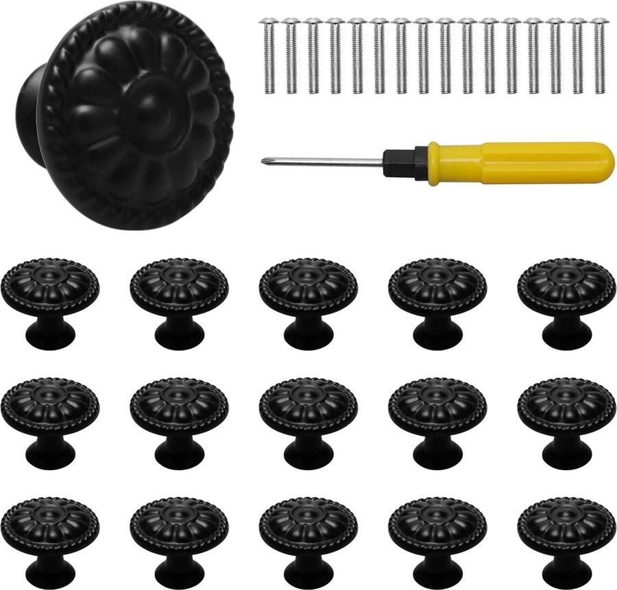 16 stuks meubelknoppen zwart 30 mm ronde ladeknoppen kastknoppen vintage met schroeven kastdeurknoppen bloemen patroon commodeknoppen voor kast kledingkast meubels