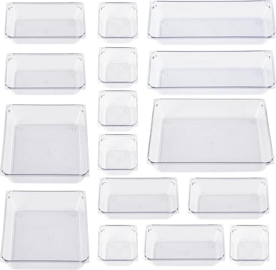 16 stuks opbergsysteem voor schuifladen met 5 maten transparant lade-organisatiesysteem kunststof lade-organizer gebruik in kantoren commodes badkamers kasten garderobes keukens