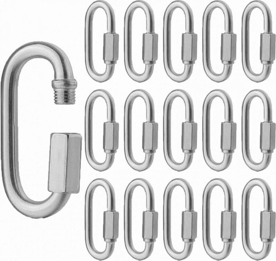 16 Stuks Quick Link M5 5mm roestvrijstalen kettingconnector van robuuste D-vormige vergrendelbare looks voor hangmatten kampeer- en buitenuitrusting （Niet geschikt voor rotsklimmen）