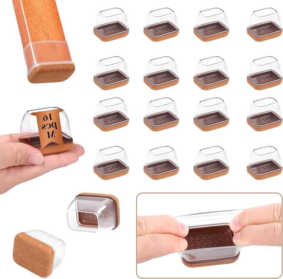 16 stuks rechthoekige stoelpootdoppen beschermkappen met vilten kussens elimineert geluiden en krassen geschikt voor stoelpoten