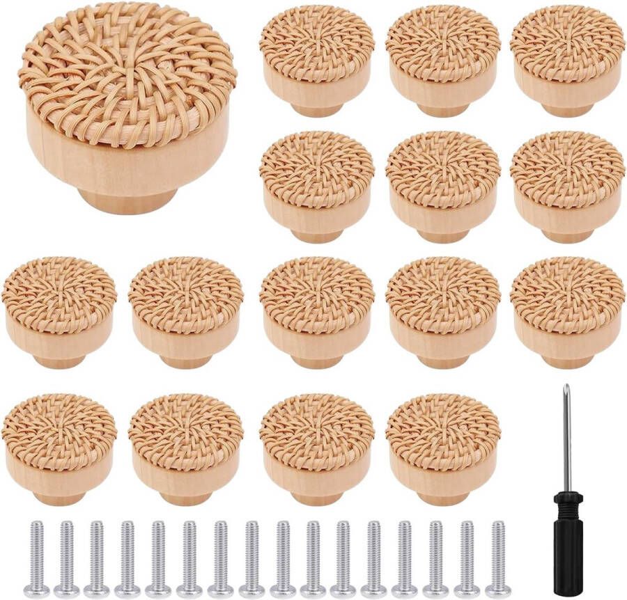 16 stuks rotan meubelknoppen kastknoppen met schroeven en schroevendraaier ladeknoppen rotan hout voor commodeknoppen kast laden woonkamer 40 x 30 mm