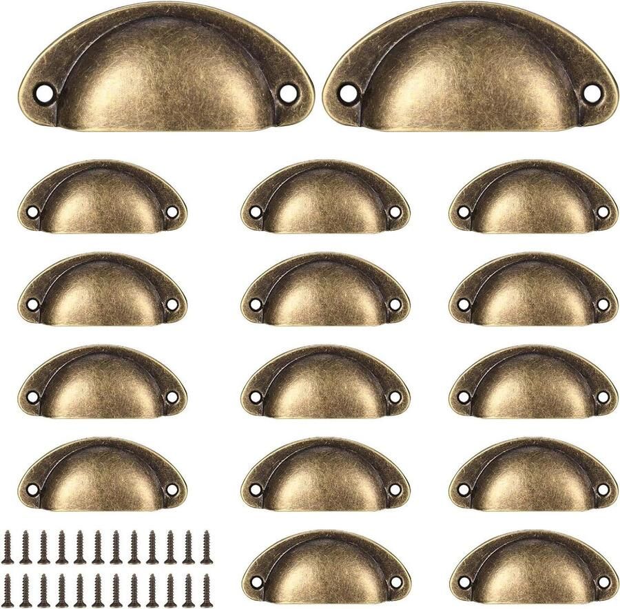 16 stuks shell cup handgrepen vintage lade trekhandgrepen semi-cirkel retro keuken kast deurgrepen en knoppen meubels kast dressoir deurknoppen handgrepen met schroeven brons