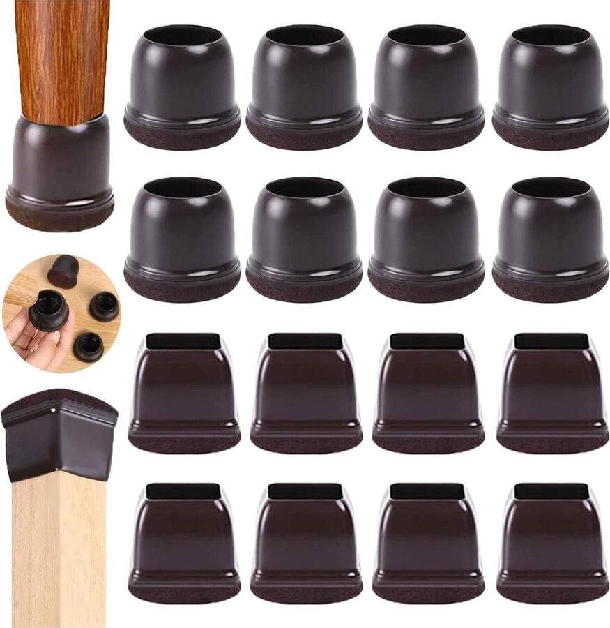 16 Stuks Stoelpoot Hoezen Vierkant en Rond Bruin Siliconen Stoelpootdoppen Stoelpootbeschermers Stoelpootkappen Met Vilt Demping en Bescherming Tegen Krassen