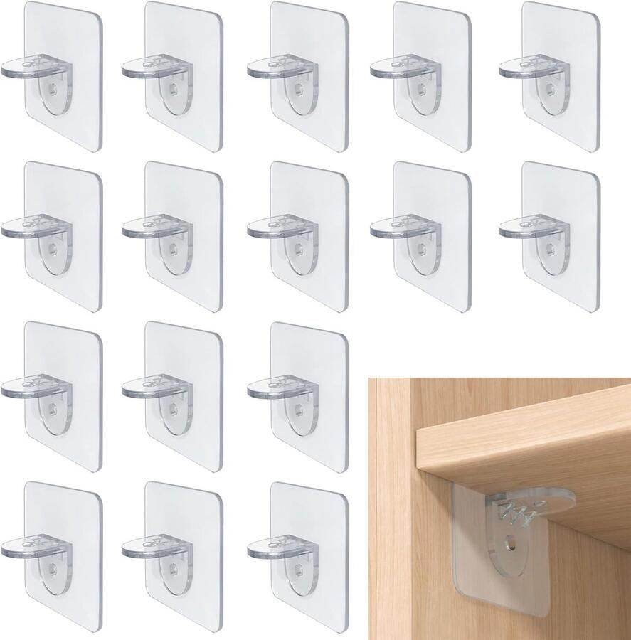 16 stuks transparante plankdragers zelfklevende steunen plakhaken steunen voor legplanken vloerdragers voor kledingkasten garderobes