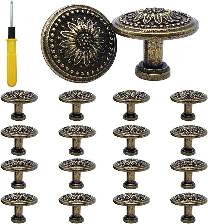 16 stuks vintage bloemen ronde kastknoppen 30 mm brons antiek voor lade keuken badkamer kledingkast commode kastknoppen kinderkamer