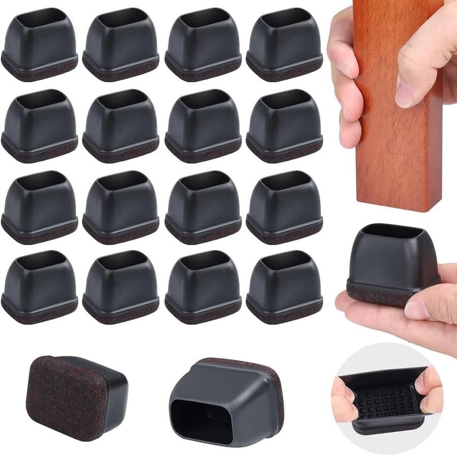16 stuks Vloerbeschermers voor Stoelpoten Vierkante Stoelpootdoppen met Vilten Pads Zwarte Siliconen Meubelpoothoes Voorkomt Krassen en Lawaai Geschikt voor B 22-30 mm L 32-42 mm stoelpootbeschermers