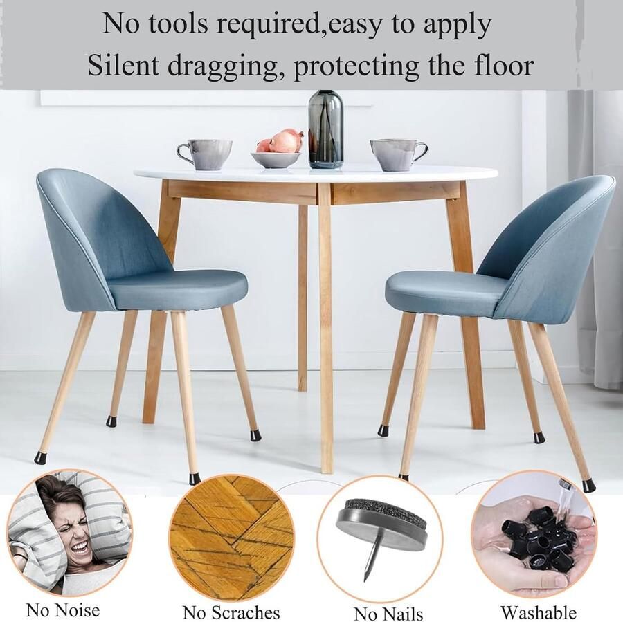 16 stuks zwarte siliconen stoelpootbeschermers met viltkussentjes stoelpootbeschermers stoelkussens geruisloos geschikt voor hardhouten vloeren en tegelvloeren (15-21 mm)