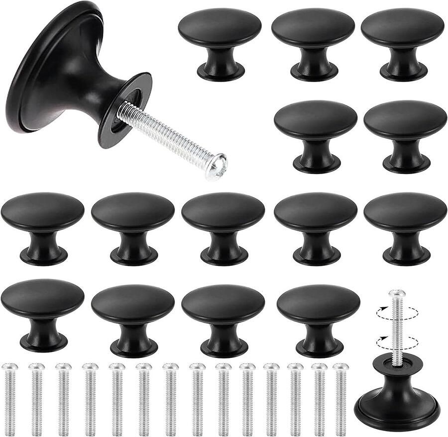 16 Stuks Zwarte Vintage Ronde Kastladeknoppen 30 mm Kastknoppen Modern Vintage met Schroeven 3 x 2 1 cm Voor Lades Kaptafels Kluisjes Kledingkasten Bureaukasten Badkamerkasten