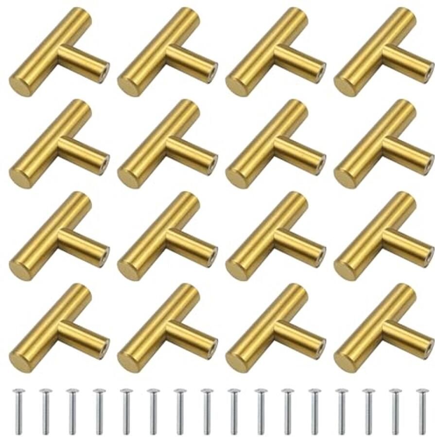 16 T-Bar Handgrepen in Goud Moderne Meubelknoppen voor Laden en Kasten Inclusief Schroeven