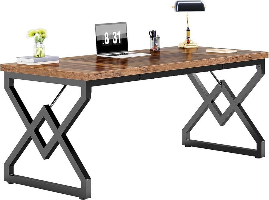 160 cm Groot Kantoor Bureau met Houten Blad en Metalen Frame Modern Werkstation voor Thuis en Kantoor