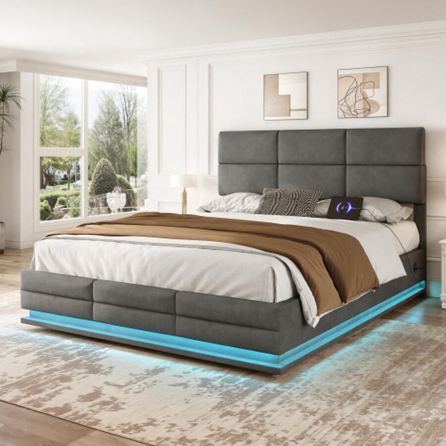 160 x 200 cm bedframe gemaakt van zacht fluweel met USB -type C oplaadfunctie en LED -verlichting hydraulisch systeem opbergruimte bedframe gemaakt van fluweel materiaal jeugdbed met slattend frame grijs