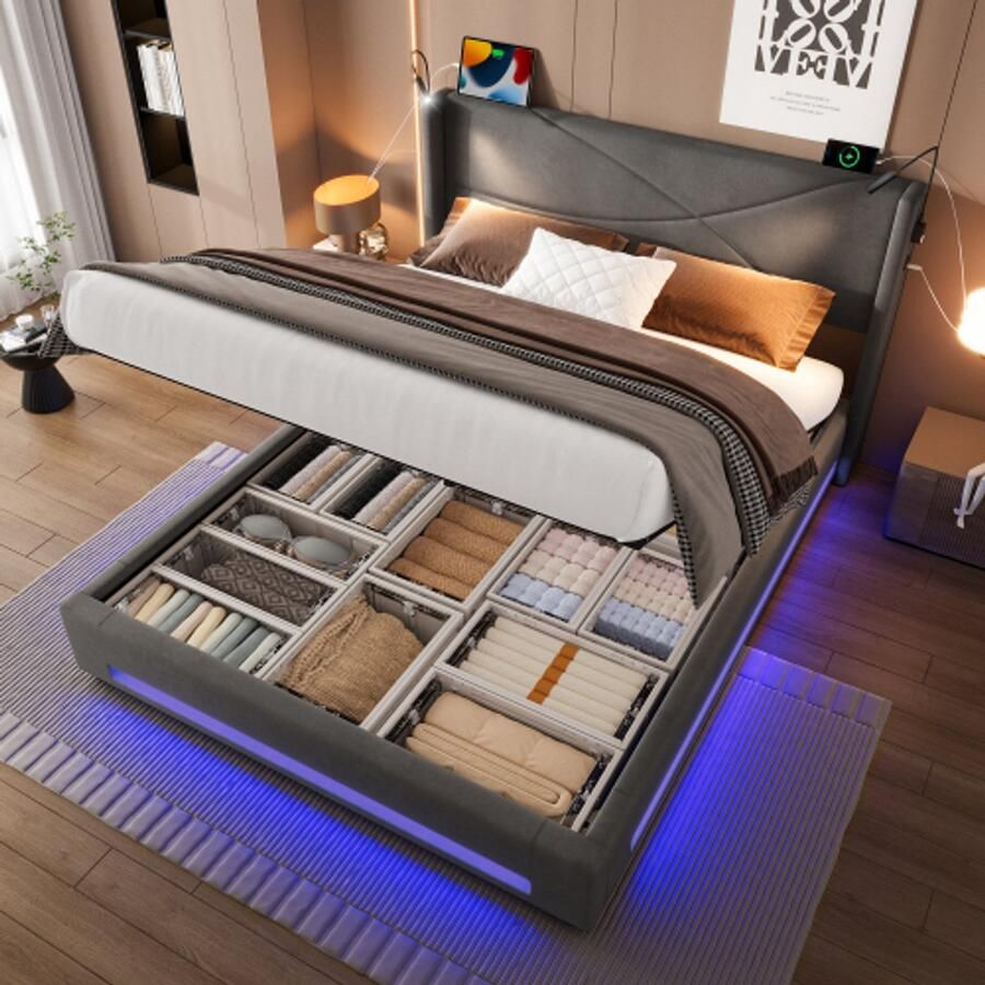 160 x 200 cm bedframe in een modern ontwerp met 2 leesafdichtingen LED -lichtstroken hydraulische opbergruimte stabiele lattenframe -constructie USB -verbindingen en hoge veerkracht grijs