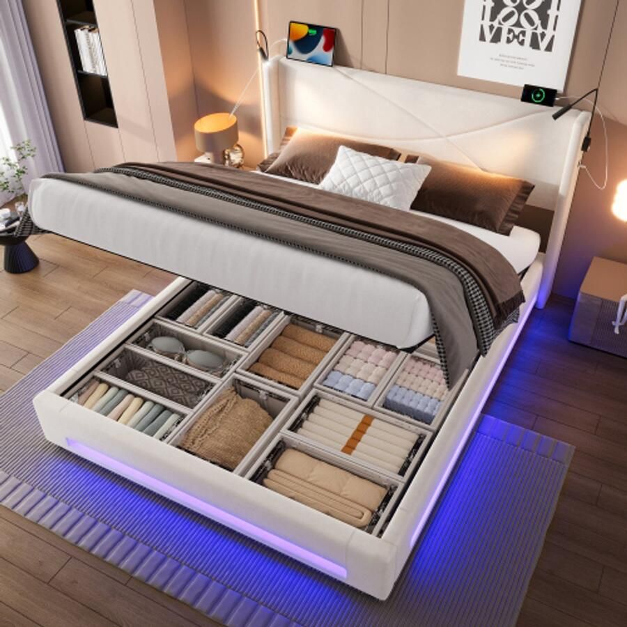 160 x 200 cm bedframe in een modern ontwerp met 2 leesafdichtingen LED -lichtstroken hydraulische opslagruimte stabiele lattenframe -constructie USB -verbindingen en hoge veerkracht beige