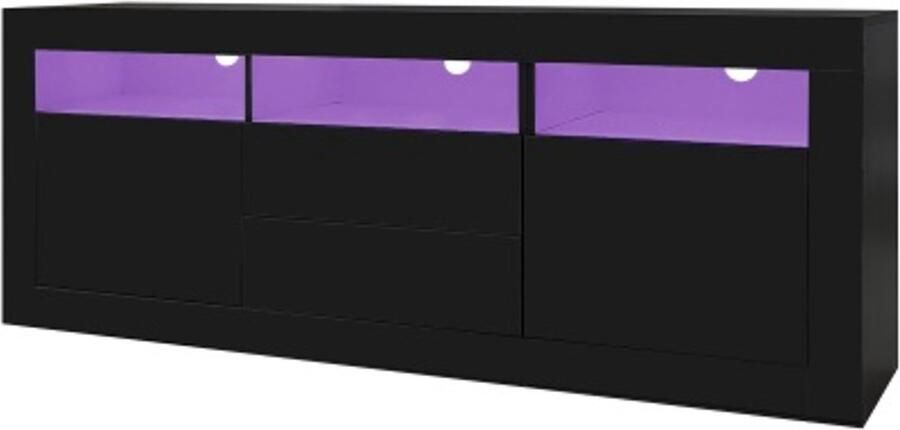 GOTAGEE 160x35x60cm Hoogglans TV-meubel met LED-verlichting 3 open compartimenten 2 deuren 2 lades Smart App-bediening voor 70-inch TV