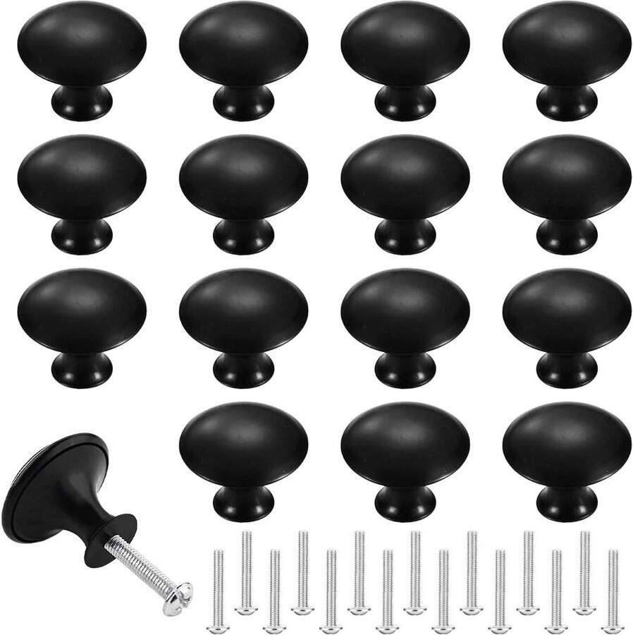 16pcs 30mm Black Round Furniture Knobs with Screws Sideboard Buttons for Kitchen Cabinet Doors