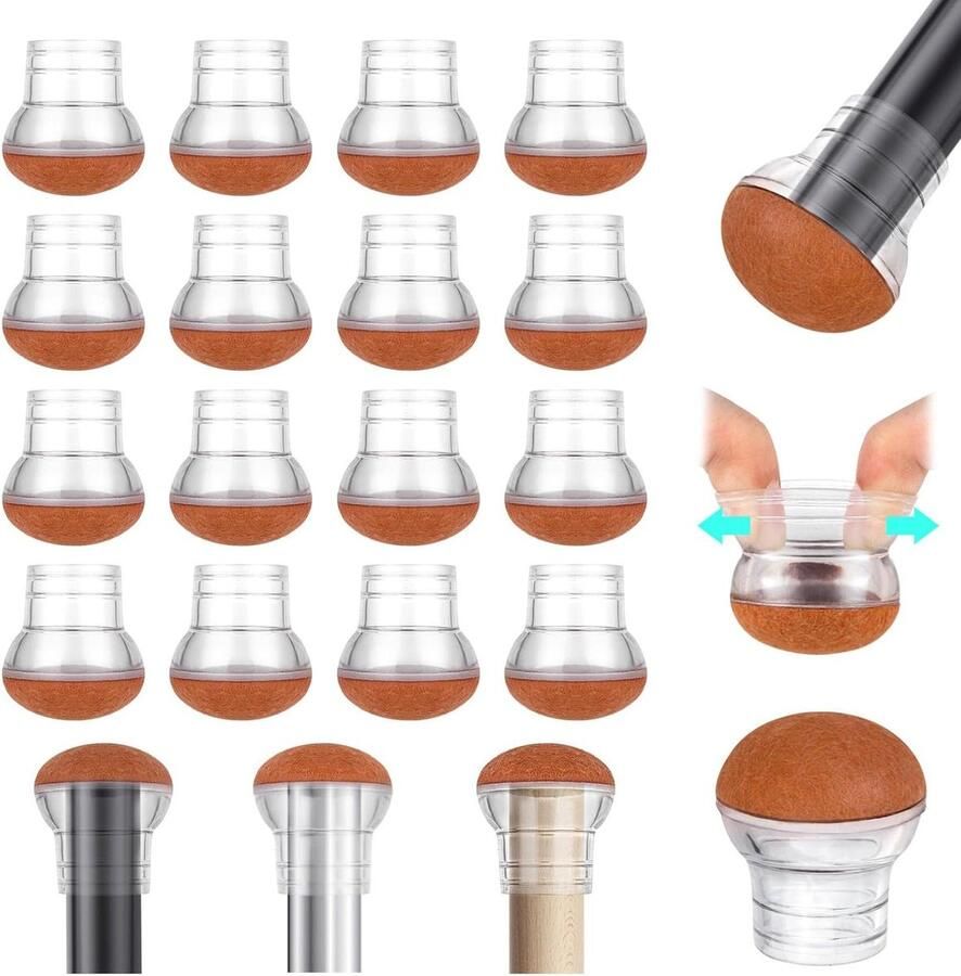 16pcs Small Clear Silicone Chair Leg Covers with Wrapped Felt 1.5-1.8cm Furniture Foot Protectors for Hardwood Flooring No Noise No Scratches