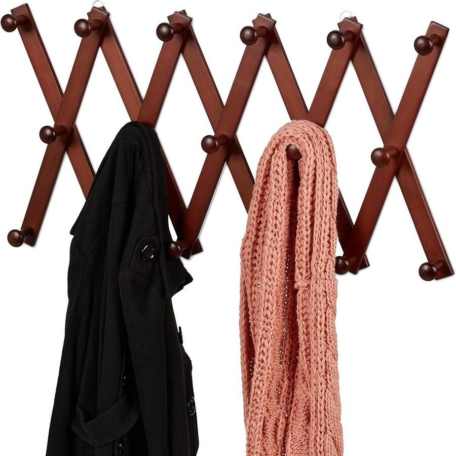 17-haaks houten wandkapstok voor jassen tassen en sjaals uitschuifbaar modern bruin