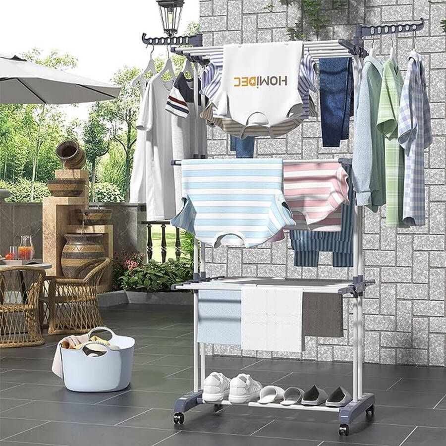 172cm Laundry Rack Foldable Vertical 4 Levels Drying Rack Extendable Laundry Rack with Foldable Wings and Wheels Stable Windproof for Indoor Outdoor ideal as a wardrobe