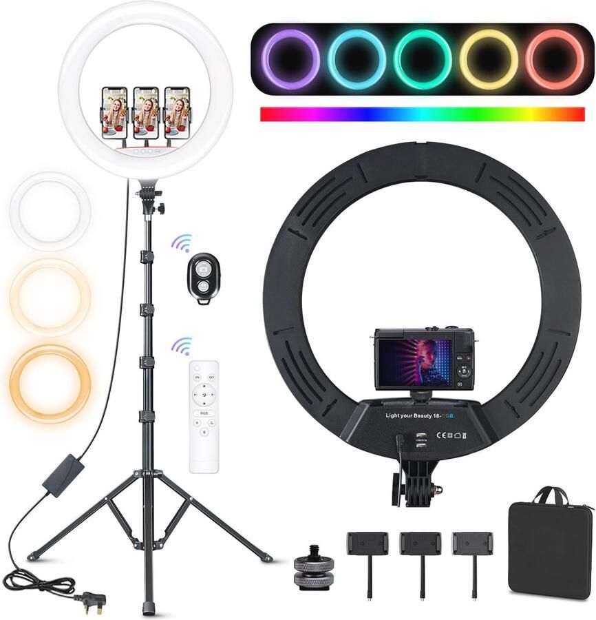 18 Inch Dimbare LED Ringlamp met Statief en Telefoonhouders 26 RGB Modi voor Livestreaming en Make-up