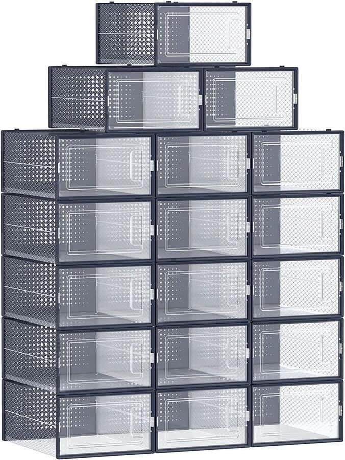Rootz Living Rootz 18-pack schoenendoosorganizer opbergcontainer stapelbare bakken PP-materiaal ABS-frame transparant antracietblauw 33 5 cm x 23 2 cm x 14 3 cm