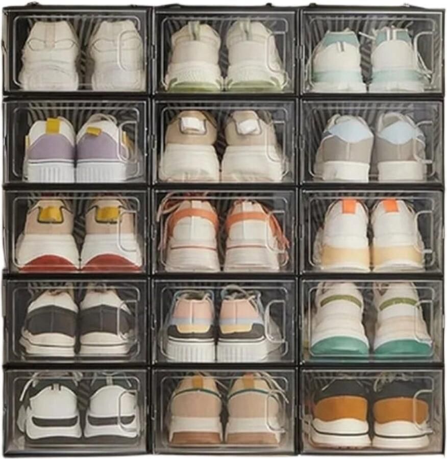 18 set schoen opbergdozen schoenorganisatoren transparante zwarte stapelbare containers ruimtebesparing 33 5 cm x 23 cm x 14 cm