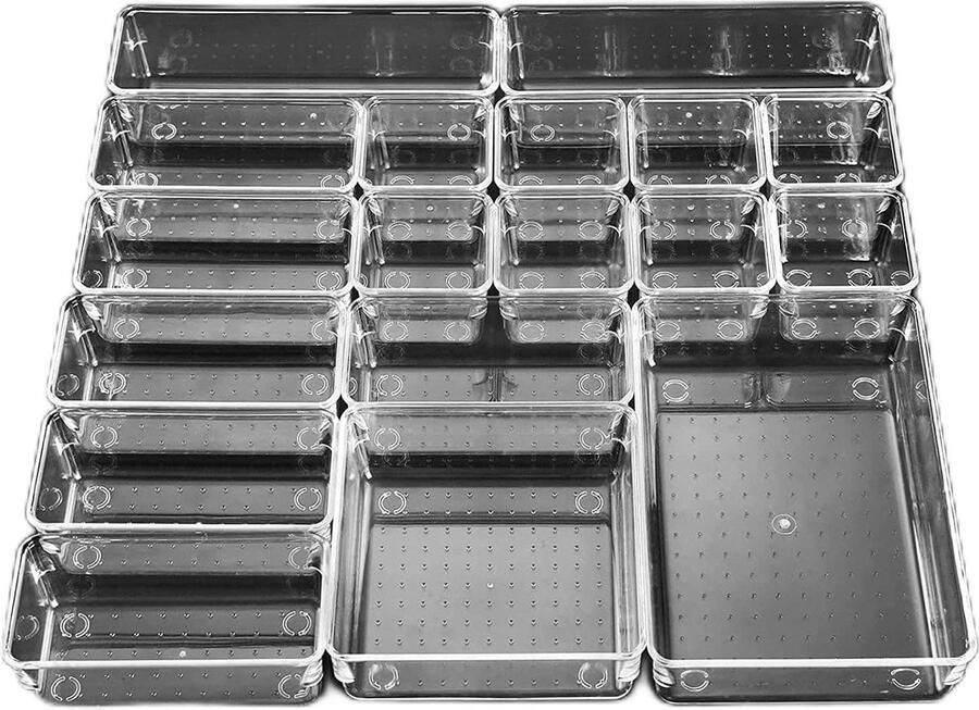 18 stuks kunststof opbergboxen voor kantoor make-uporganizer ladenorganizer transparante lade-inzet voor bureau keuken badkamer