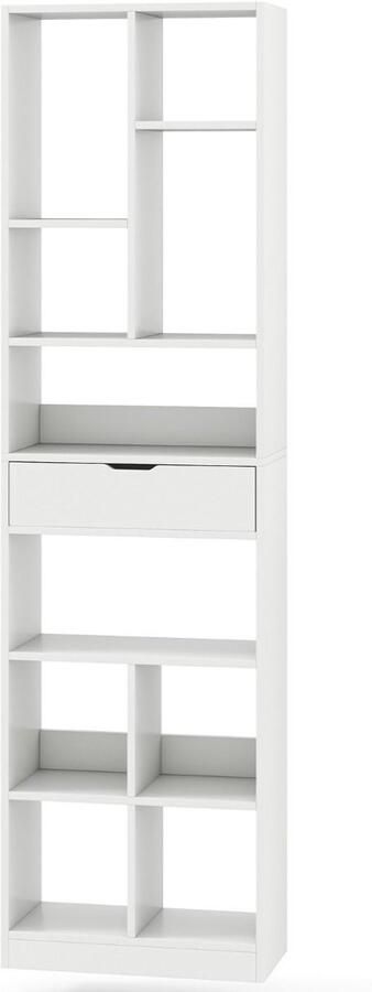 180 cm hoge boekenkast met lade – Moderne vrijstaande opbergeenheid met 10 open compartimenten – Wit