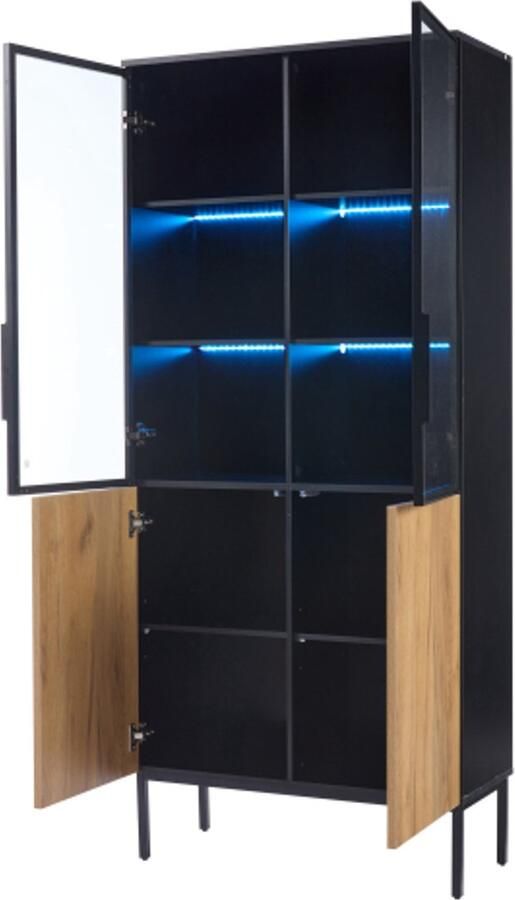 180 cm hoog Vitrinekast met glazen deuren – LED-verlichting boekenplank 5-laags vitrinekast voor verzamelobjecten – Zwart Eiken