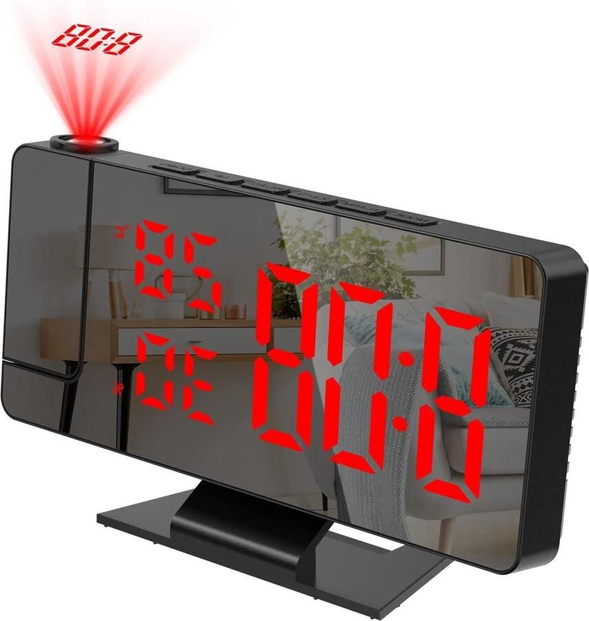 180° Projectie Wekker Wekkers Nachtkastje met 78 LED Spiegelscherm Digitale Klok met Werkdag Mode Rood