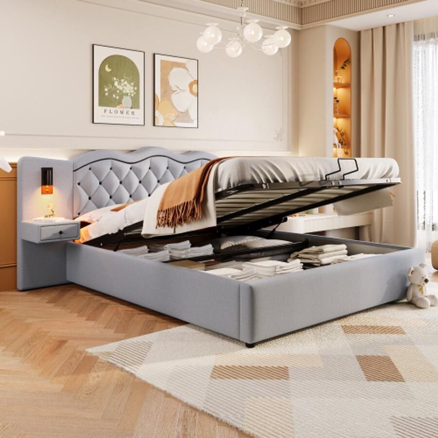 180*200 cm plat bed opgevuld bed ge茂ntegreerd hoofdeinde hydraulisch hefmechanisme USB -verbinding twee bedlampen grote opbergruimte grijs