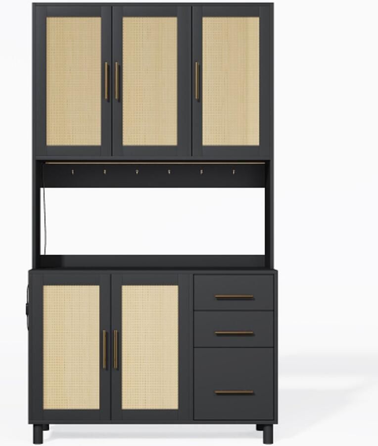 183cm keuken dressoir buffet app-gestuurde LED-decoratieve verlichting 2 x USB 2 x stopcontacten verstelbare planken 3 lades gouden metalen handgrepen voor keukens en eetkamers