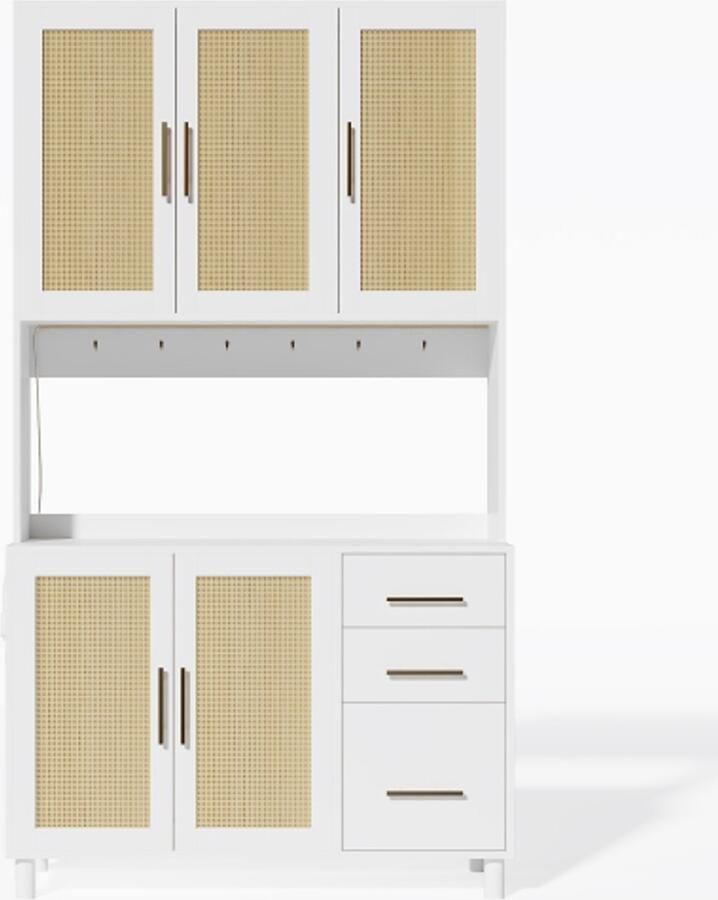 183cm keuken dressoir buffetkast app-gestuurde LED-decoratieve verlichting 2 x USB 2 x stopcontacten verstelbare planken 3 lades gouden metalen handgrepen voor keukens en eetkamers