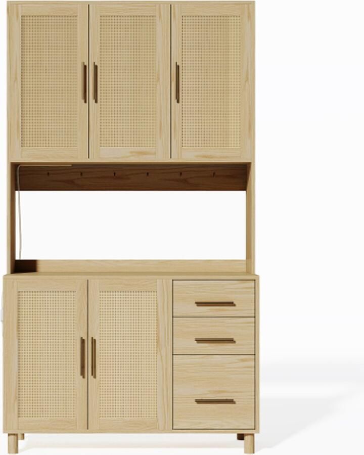 183cm keuken dressoir buffetkast app-gestuurde LED-decoratieve verlichting 2 x USB 2 x stopcontacten verstelbare planken 3 lades gouden metalen handgrepen voor keukens en eetkamers