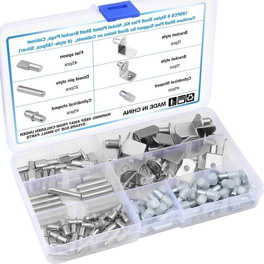 185-delige set zilveren plank pins Meubelplank ondersteuning voor kasten met 6 stijlen Vernikkelde beugel pins Plank gaten kit met kast support