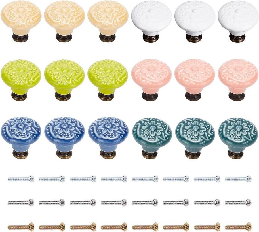18Pcs Ronde Reliëf Porselein Deurknoppen 6 Kleuren Montage Schroeven Voor Kast Dressoir Laden Keuken Deur