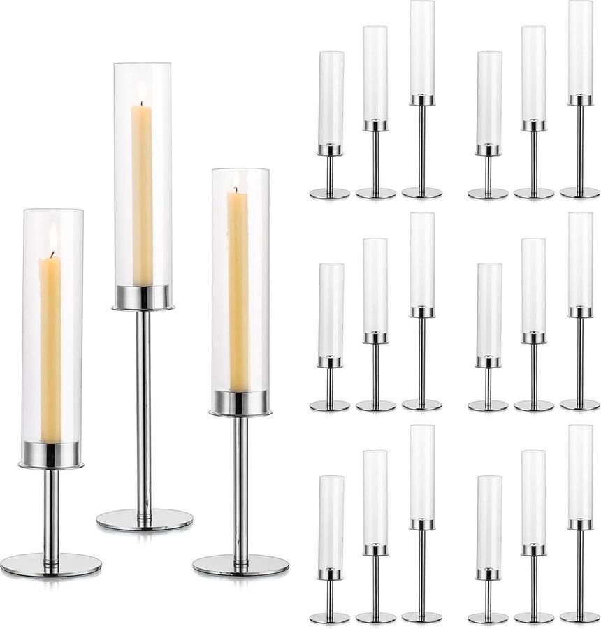 18pcs Zilveren Kandelaars Voor Bruiloft Tafel Centerpiece 48cm Tall Taper Kandelaars Met Verwijderbaar Glas Decoratieve Orkaan Kandelaar Voor Fireplace Mantel Diner Tafel Decor