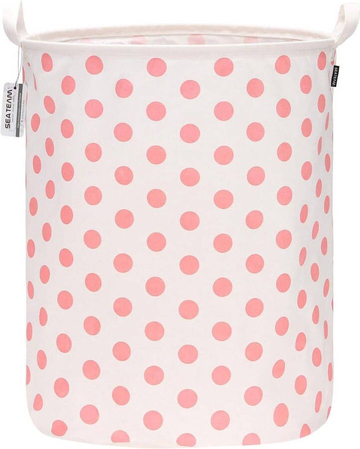 19 7 inch groot formaat waterdichte coating katoenen stof opvouwbare wasmand emmer cilindrische jute canvas opbergmand met stijlvol roze stipontwerp