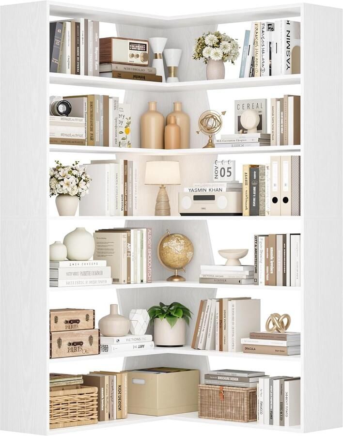 190 cm Hoog Staand Hoekrek met 6 Niveaus L-vormige Boekenkast Hoekboekenkast Staand Rek Plantenrek voor Werkkamer Woonkamer 90 x 90 x 190 5 cm Wit