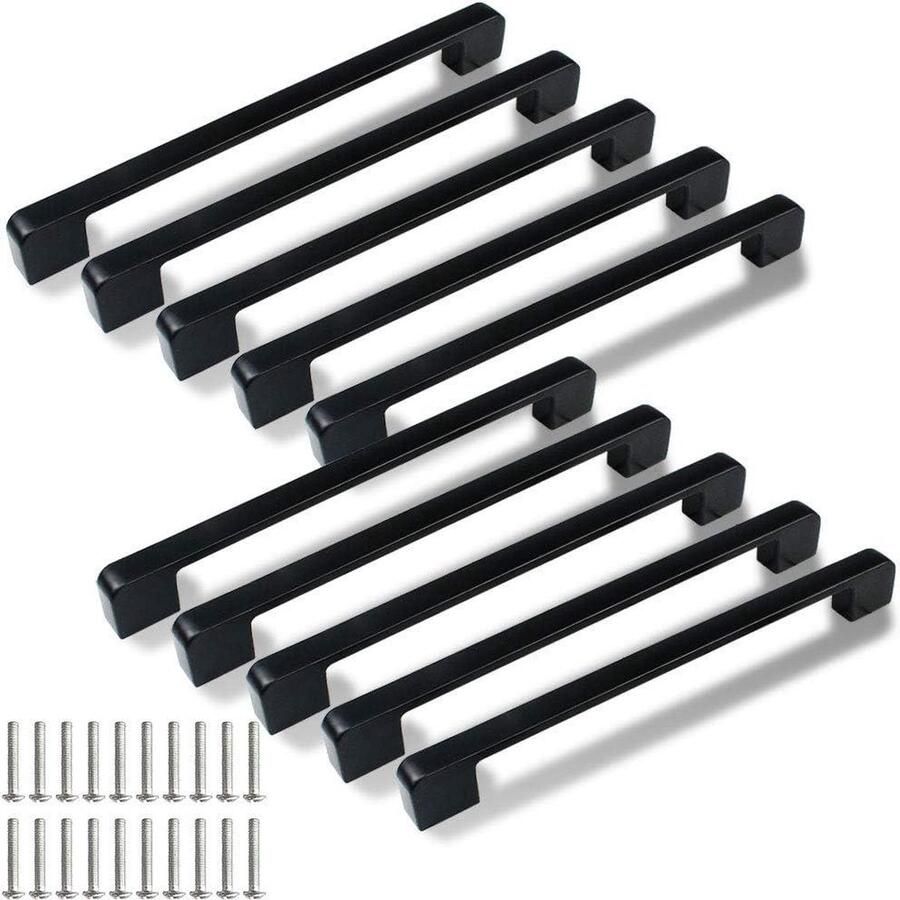 192mm Black Square Drawer Handles for Kitchen and Bathroom Cabinets Set of 10 Includes 20 Screws