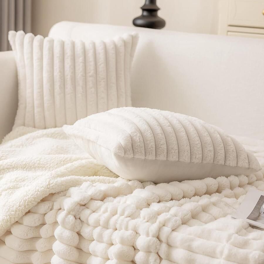 1pc Kussenhoes Van Kunstbont Met Strepen 50 X 50 Cm Decoratieve Zachte Bontkussenhoes Voor Op De Bank Met Fluwelen Achterkant Geschikt Voor Banken Bedden En Woonkamerinterieur Beige