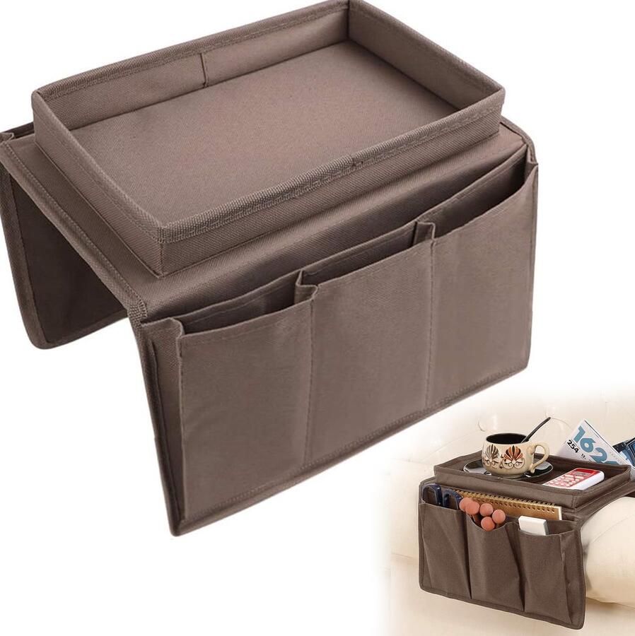 1Stuks (bruin)Sofa Armsteun Organisator met Bekerhouder Dienblad Bank Dienblad -Stoel Hangende Opbergtas voor Mobiele Telefoon Tablet Boek Tijdschriften Bekerhouder Etui