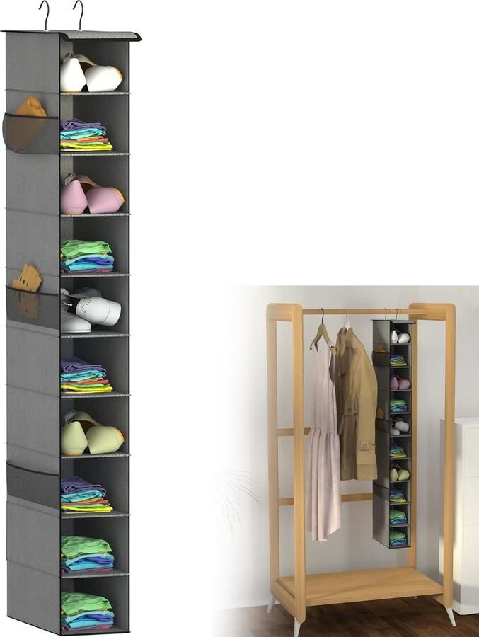 1Stuks grijs 10 lagen hangende kastorganizer en opslag opbergen van kleding handtassen schoenen accessoires Hangende schoenenorganizer voor schoenen gevouwen kleding en speelgoed