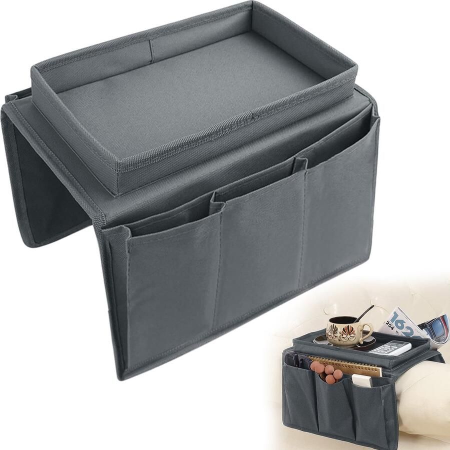 1Stuks (grijs)Sofa Armsteun Organisator met Bekerhouder Dienblad Bank Dienblad -Stoel Hangende Opbergtas voor Mobiele Telefoon Tablet Boek Tijdschriften Bekerhouder Etui