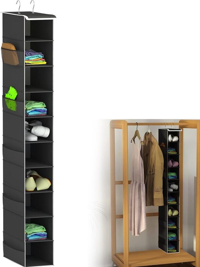 1Stuks Zwart 10 lagen hangende kastorganizer en opslag opbergen van kleding handtassen schoenen accessoires Hangende schoenenorganizer voor schoenen gevouwen kleding en speelgoed
