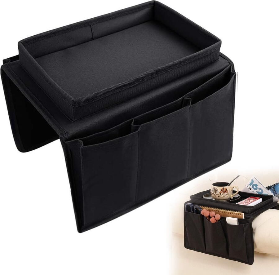 1Stuks (Zwart)Sofa Armsteun Organisator met Bekerhouder Dienblad Bank Dienblad -Stoel Hangende Opbergtas voor Mobiele Telefoon Tablet Boek Tijdschriften Bekerhouder Etui