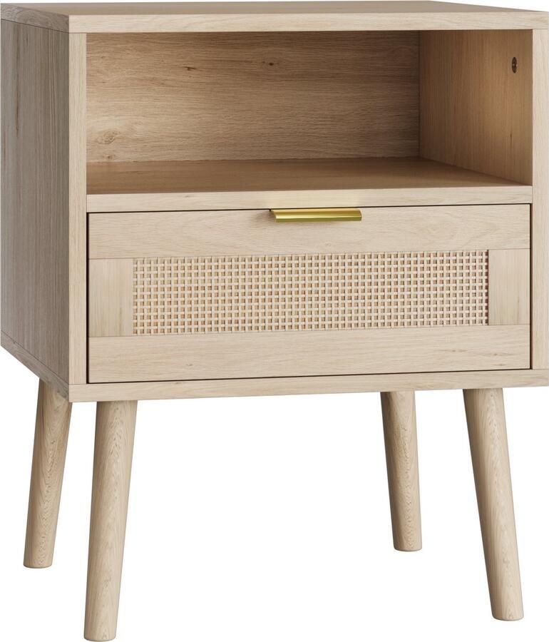 Merax Nachtkastje met Rattan Lade en Open Vak – Bohemian Stijl – Hout – 45x40x55 cm – Naturel