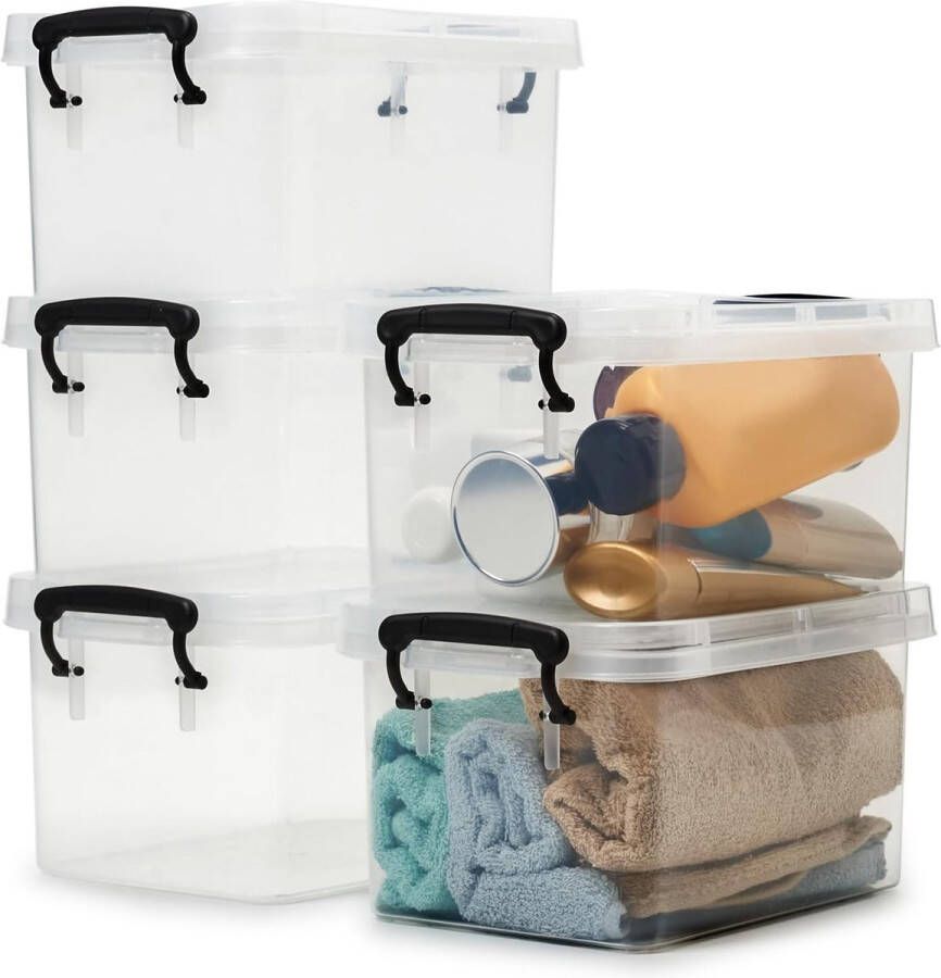 2 6 L transparante opbergdoos met deksel 5 stuks stapelbare transparante plastic opslagcontainers plastic box-organizer met geïntegreerde handgrepen en sluitclips 23 x 16 x 12 cm