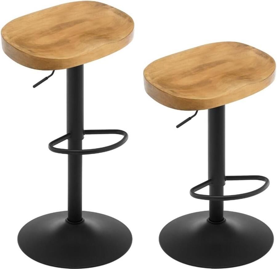 Senza Marchio 2 Barkrukken Set van 2 in Hoogte Verstelbare Draaistoel met Zadelzitting en Voetsteun Massief Houten en Metalen Keukenkruk Make-up Kruk Werkkruk Donker Houten Uiterlijk